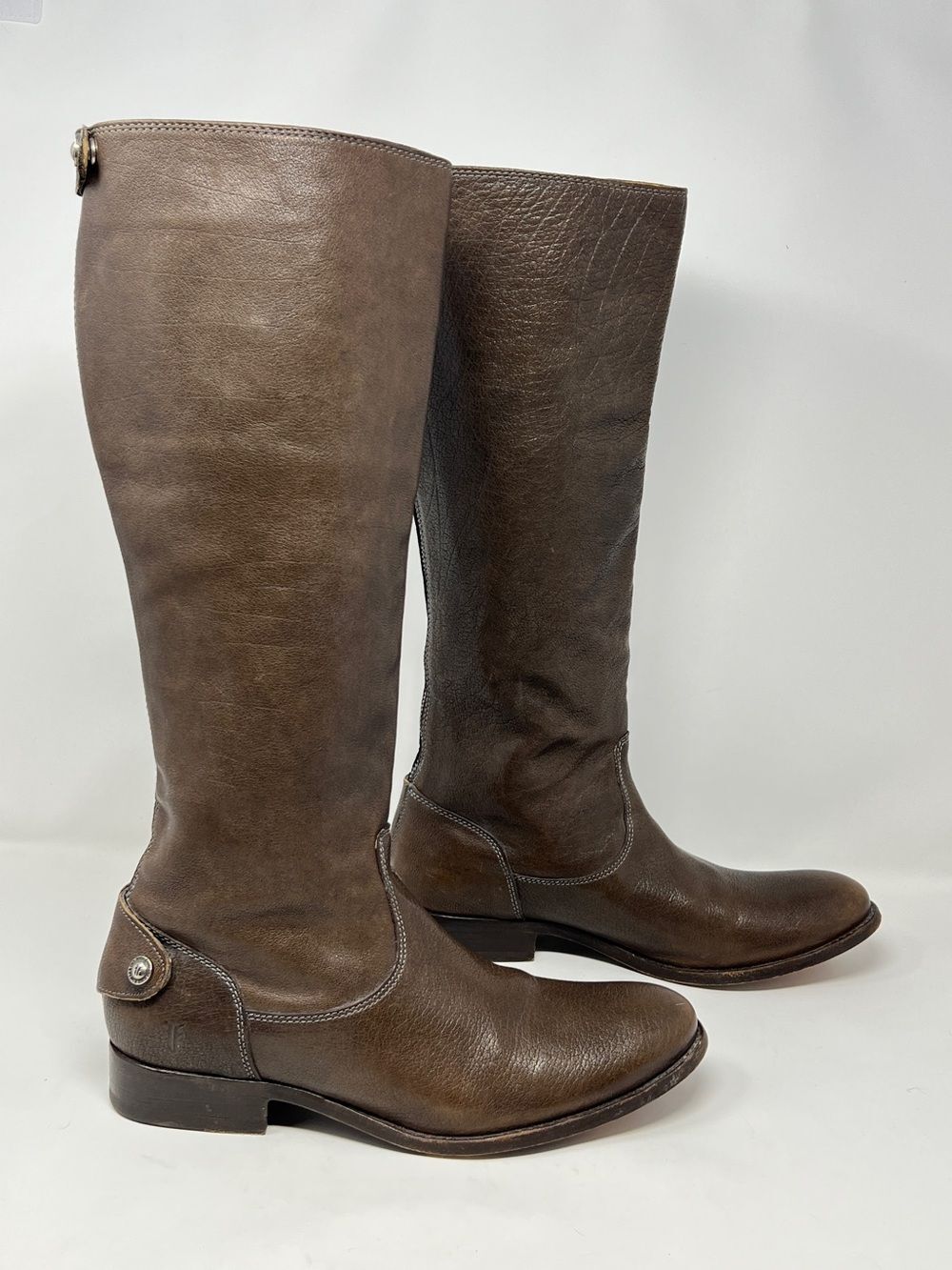 Frye Melissa Button Back Zip Riding Boots Brown Leather Made in Mexico Size 9.5